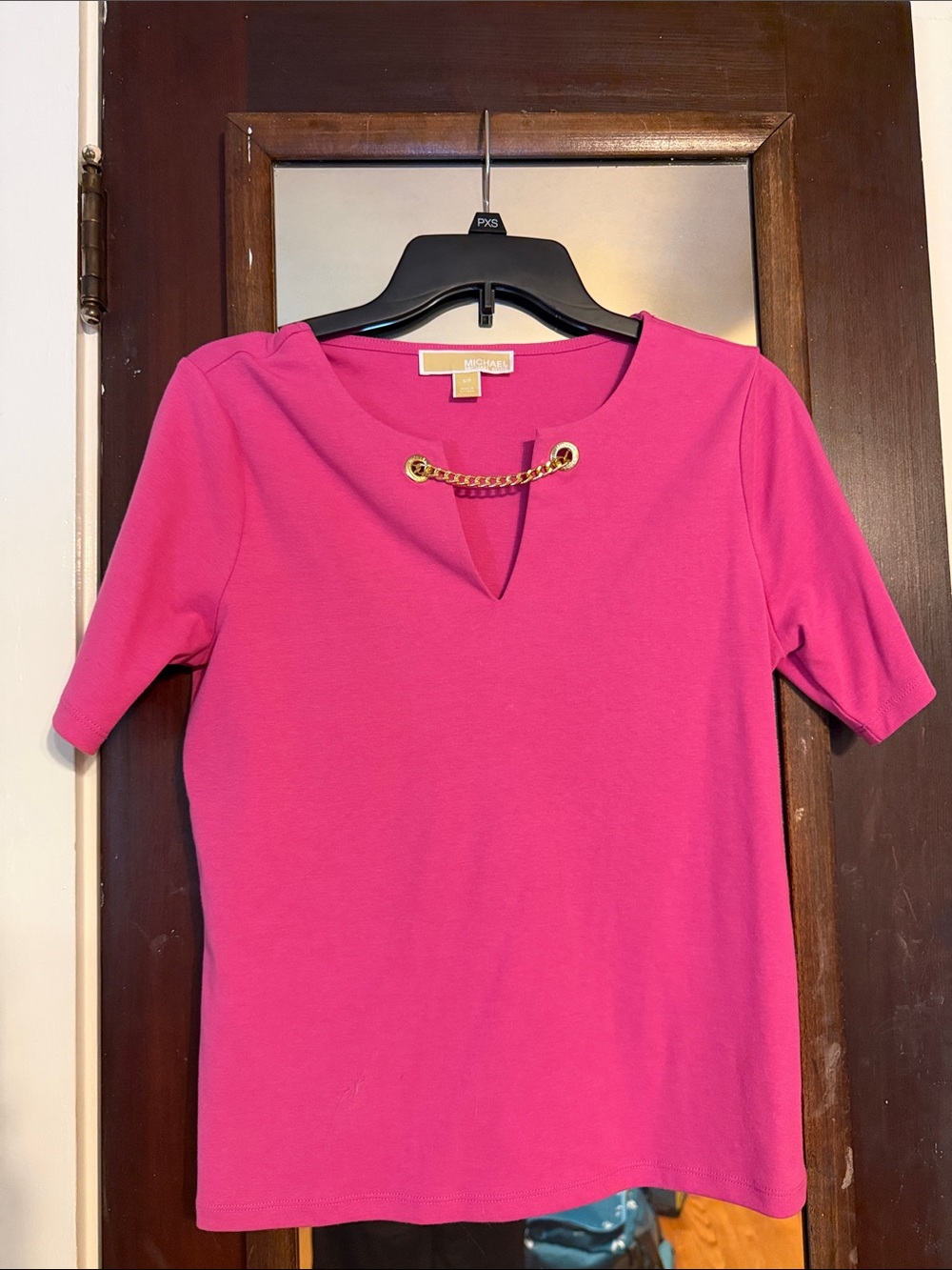 Michael Kors Hot Pink Short Sleeve Top with Gold Chain Accent